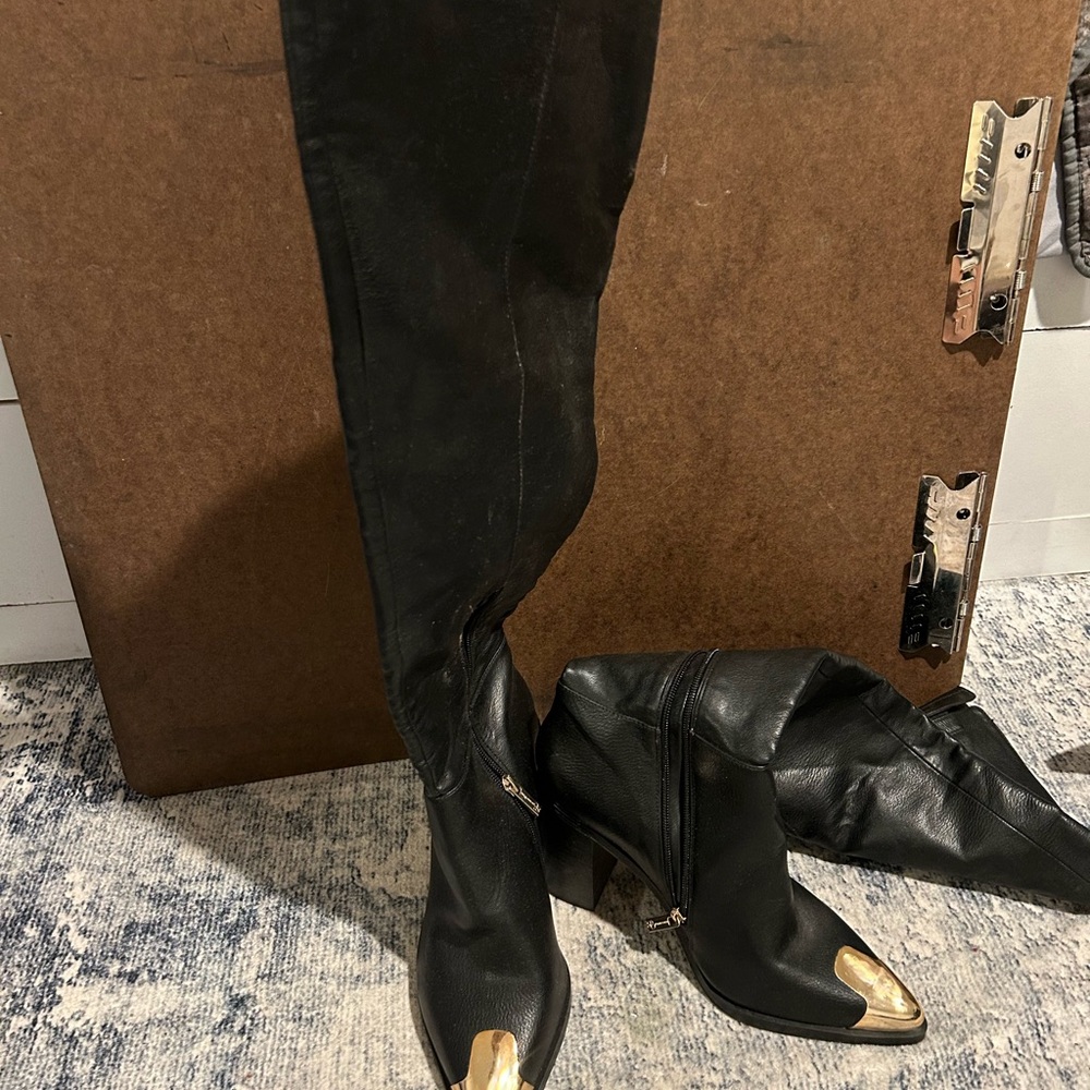 Jessica Simpson Black and Gold Over the Knee Boots | Bidemi Cap Toe